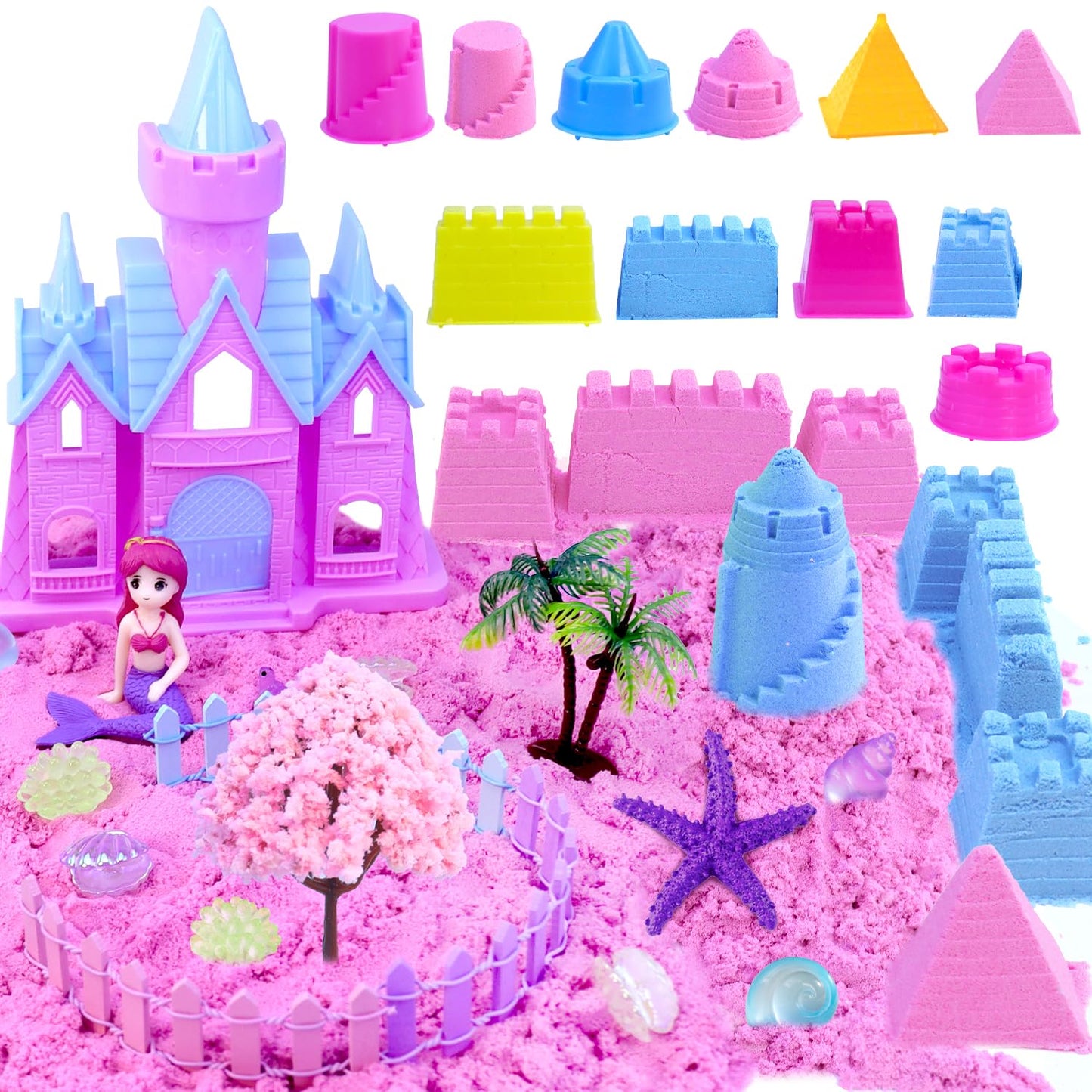 Mermaid Sensory Bin,Play Sand Art Kinetic Sand Play set Fine Motor Skills Montessori Sand Toys with 2.2 lbs Sand & Castle Molds & Sand Shovel Tools,Ocean Theme Educational Toys for aged 3-8 Girls