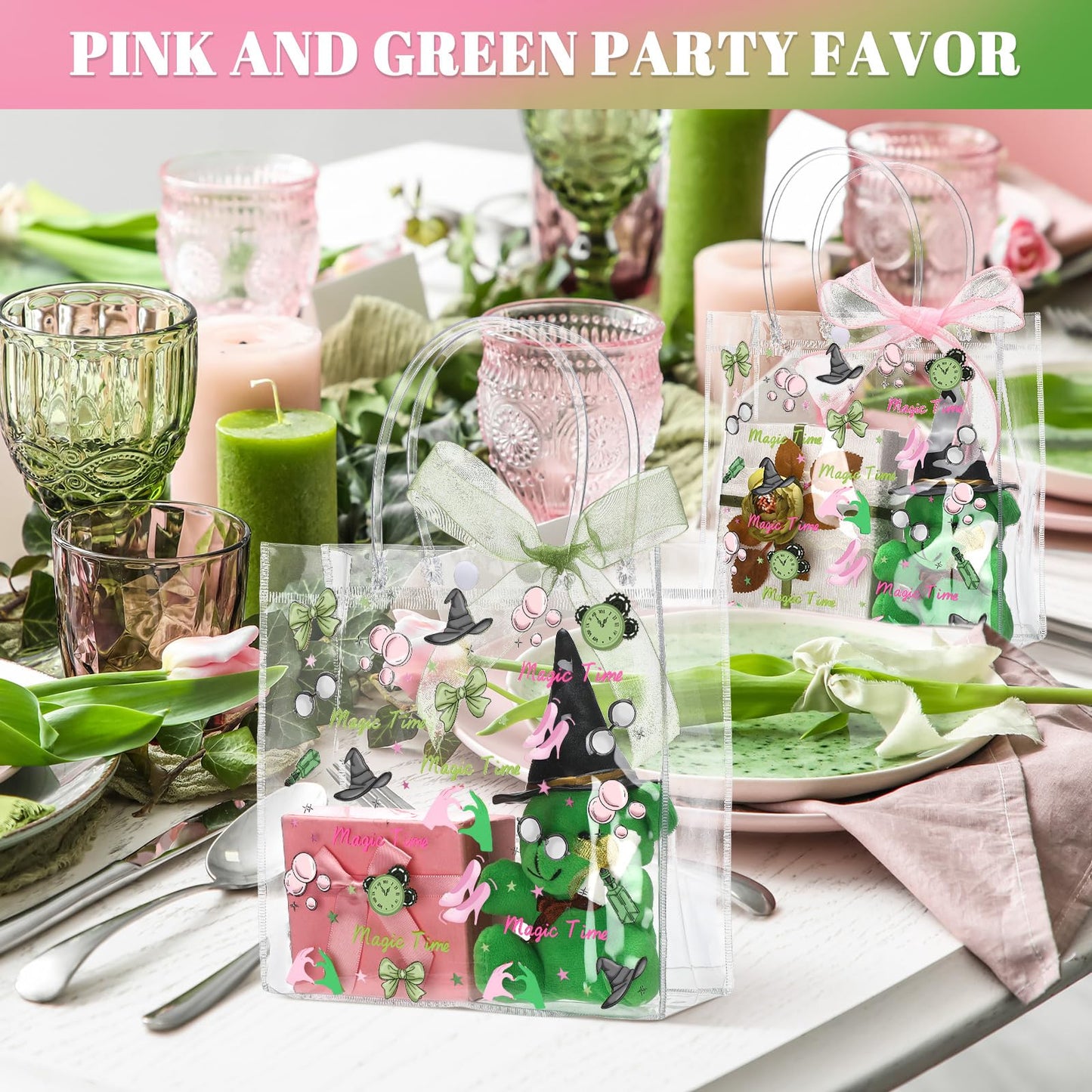 Sweetude 24 Pack Witch Party Gift Bags with Ribbon Bow Witch Party Favors PVC Clear Gift Goodie Bags with Handles for Pink and Green Birthday Decorations Friendship Fans Favors Halloween Decorations