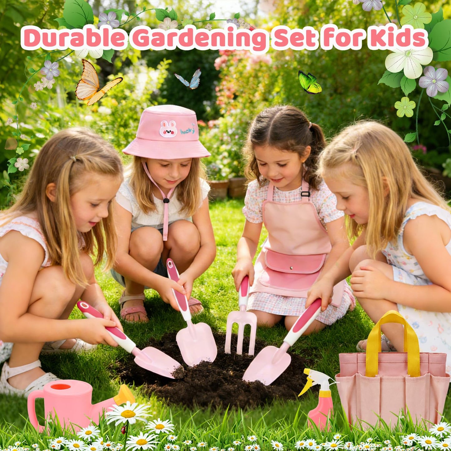 Kids Gardening Tools Set,Gardening Tools for Kids,Toddler Gardening Tools with Gloves, Watering Can, Metal Shovel, Rake, Spade & Storage Bag, Garden Book and More Educational STEM Learning for Girls