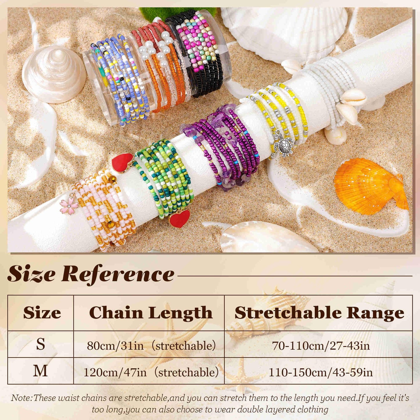 Masedy 8PCS African Waist Bead Chains for Women Layered Belly Body Chain Handmade Plus Size Beaded Belly Chain Colorful Elastic Flower Butterfly Body Chains Summer Beach Bikini Body Jewelry 45in B