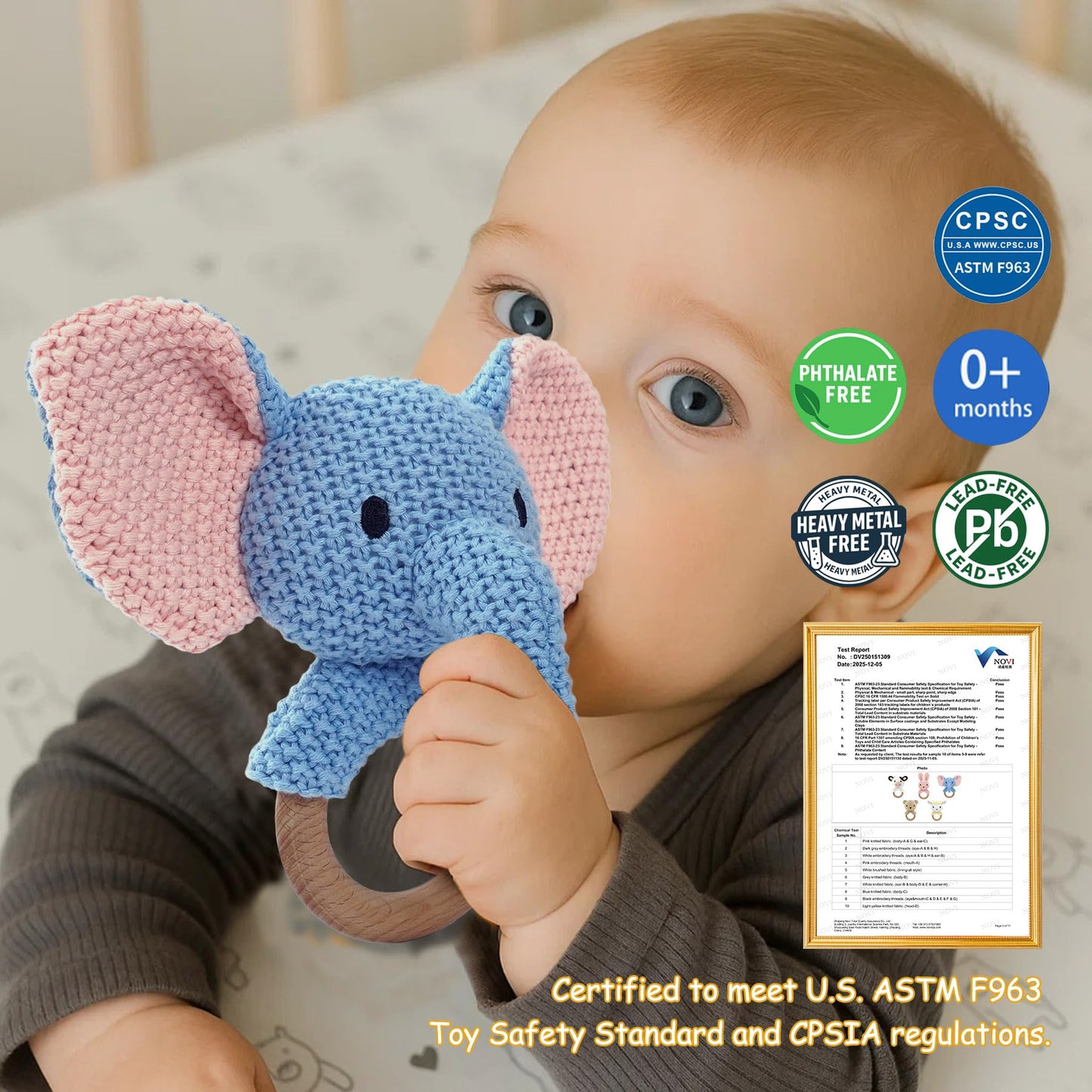 JUSTQUNSEEN Elephant Baby Rattle Teething Ring Hand Knitted CrochetCute Jungle Animal Sensory Toy for Baby Boys Girls 0-3 Months Plush Stuffed Texture Montessori Grasping Shaker Stroller Travel Gift