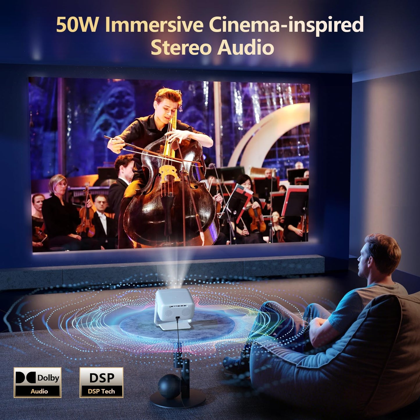 [3000+ Licensed Apps/Live TV/HDR10+/50W DoIby Audio] Smart 4K-Projector with WiFi and Bluetooth, Goiaey 3200ANSI Outdoor Projector with 360°Stand, Auto Focus, Auto Keystone, Short Throw Proyector