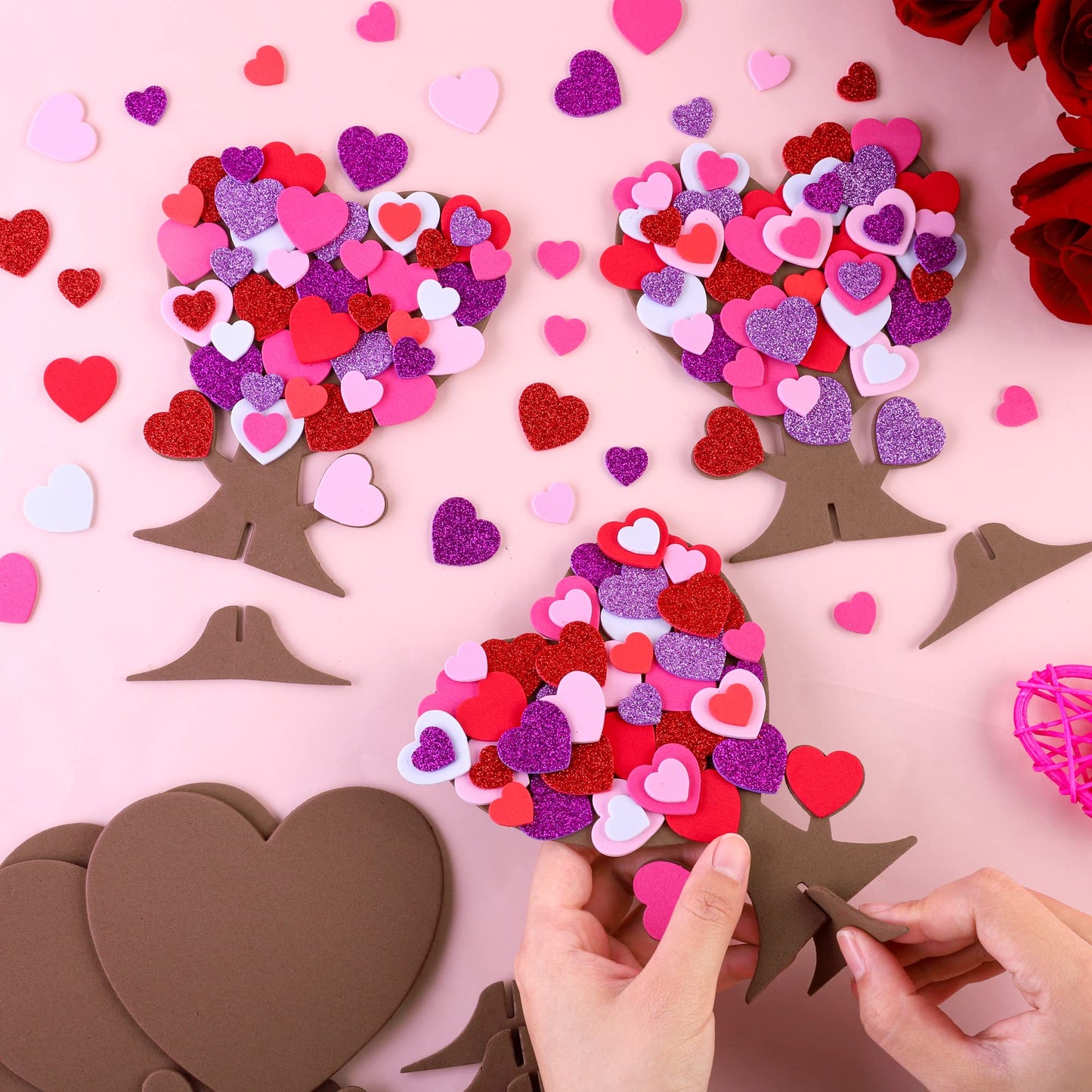 Fovths 362 Pieces Love Heart Tree Foam Stickers DIY Craft Set - 12 Trees and 350 Self-Adhesive Hearts for Valentine's Day, Wedding, Mother's Day Home Decor