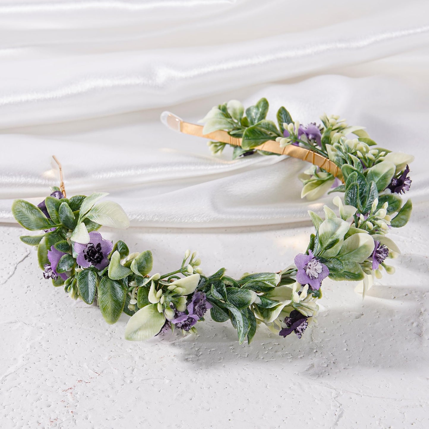 KorViSHOW Fairy Flower Crown Headband - Handmade Forest Floral Headpiece Eucalyptus Purple Flower Headwear Renaissance Hair Accessories for Women Girls Bridal Wedding Festival Cosplay Headdress