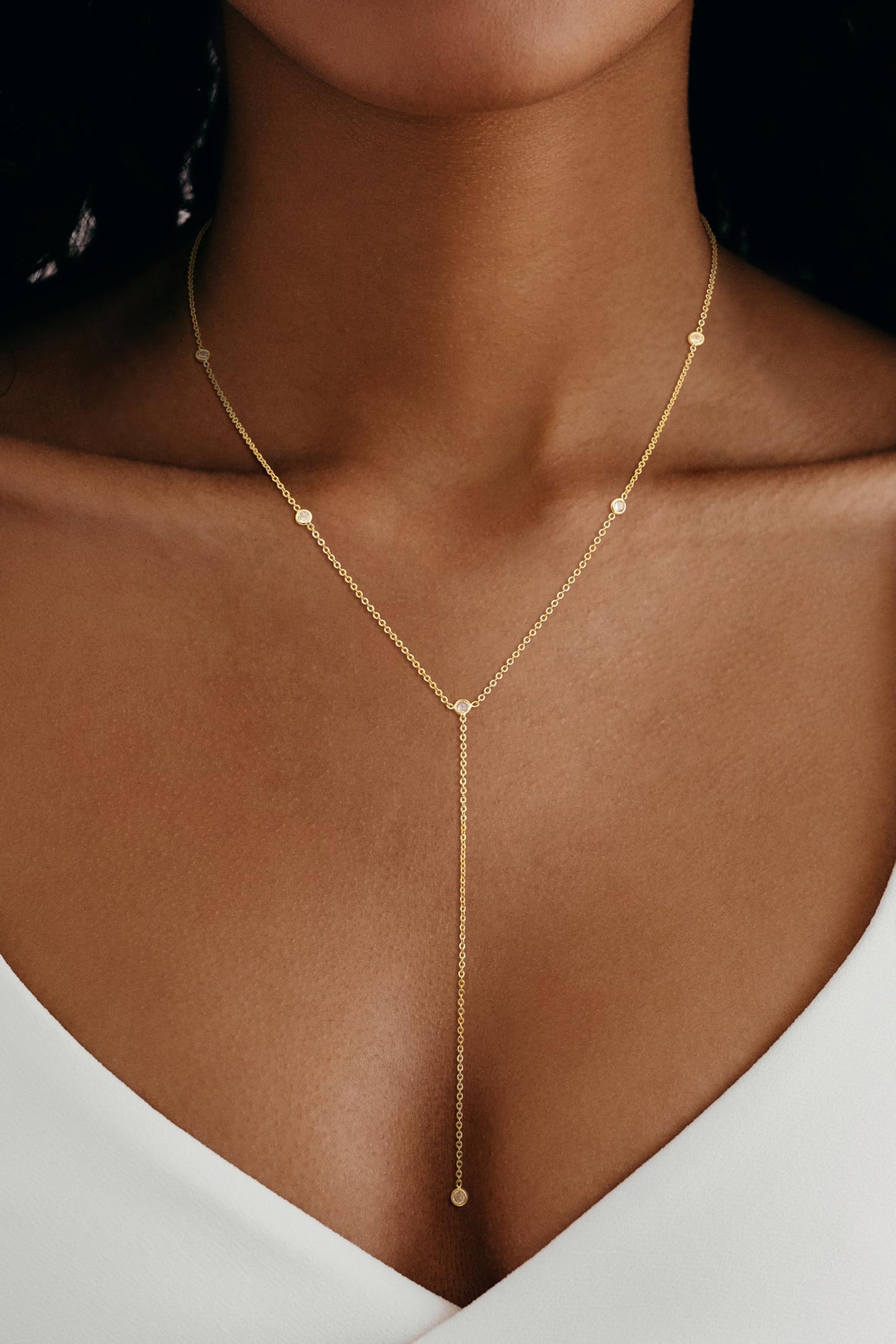CHESKY Lariat Gold Necklace for Women, Dainty Long Necklace 14k Gold Plated Y-Shaped Pendant Necklace Trendy CZ Chain Drop Necklaces Simple Gold Jewelry for Women Gifts
