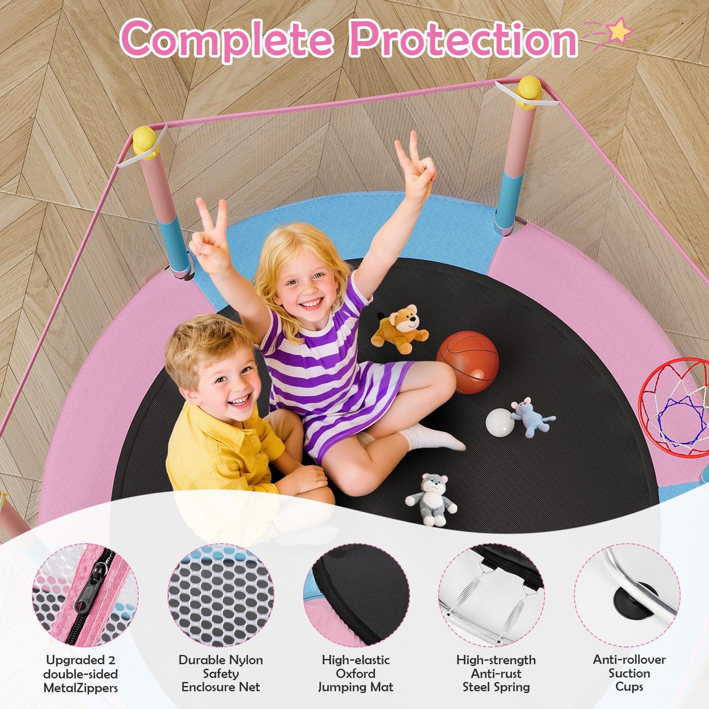 55" Kids Trampoline with Safety Net – 440lbs Capacity, Upgraded Rust-Proof Ring Legs, Adjustable Gymnastics Bar & Toys – Indoor Outdoor Toddler Trampoline for Boys & Girls Ages 1-8 (Pink)