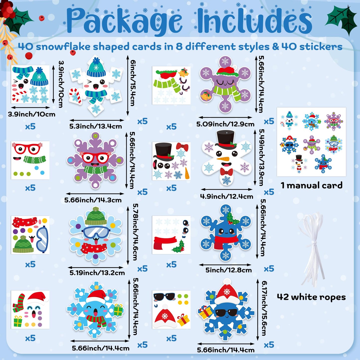 3sscha 40 Packs Christmas Snowflake Craft Kit for Kids - DIY Xmas Winter Art Craft Make Your Own Snow Flakes Set Sticker Handmade Artwork Project Classroom Home Holiday Activity Party Favor Decor