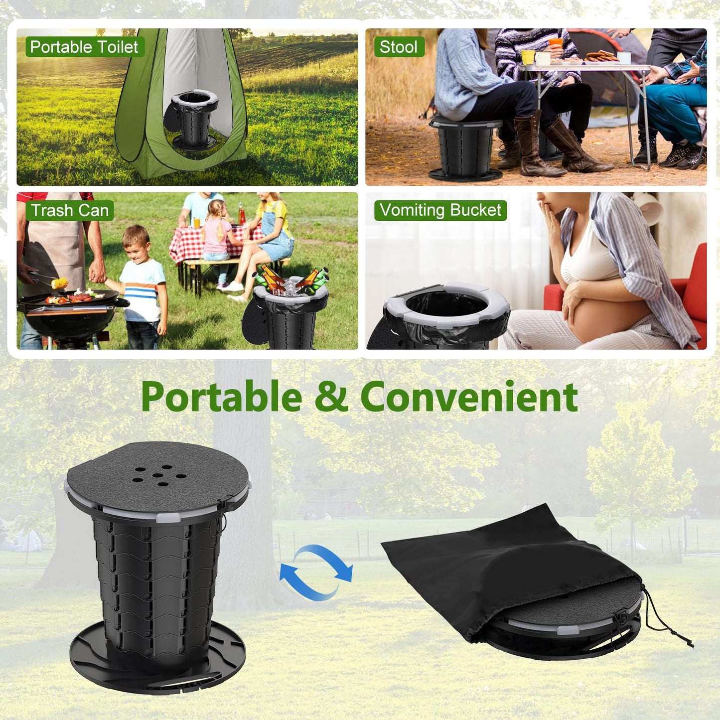 BLIKA Upgraded Retractable Portable Toilet with Soft Cushioned Seat, 350LBS Foldable Camp Toilet for Adults & Kids, Compact Travel Toilet for Camping, Hiking, RV Travel, Road Trips