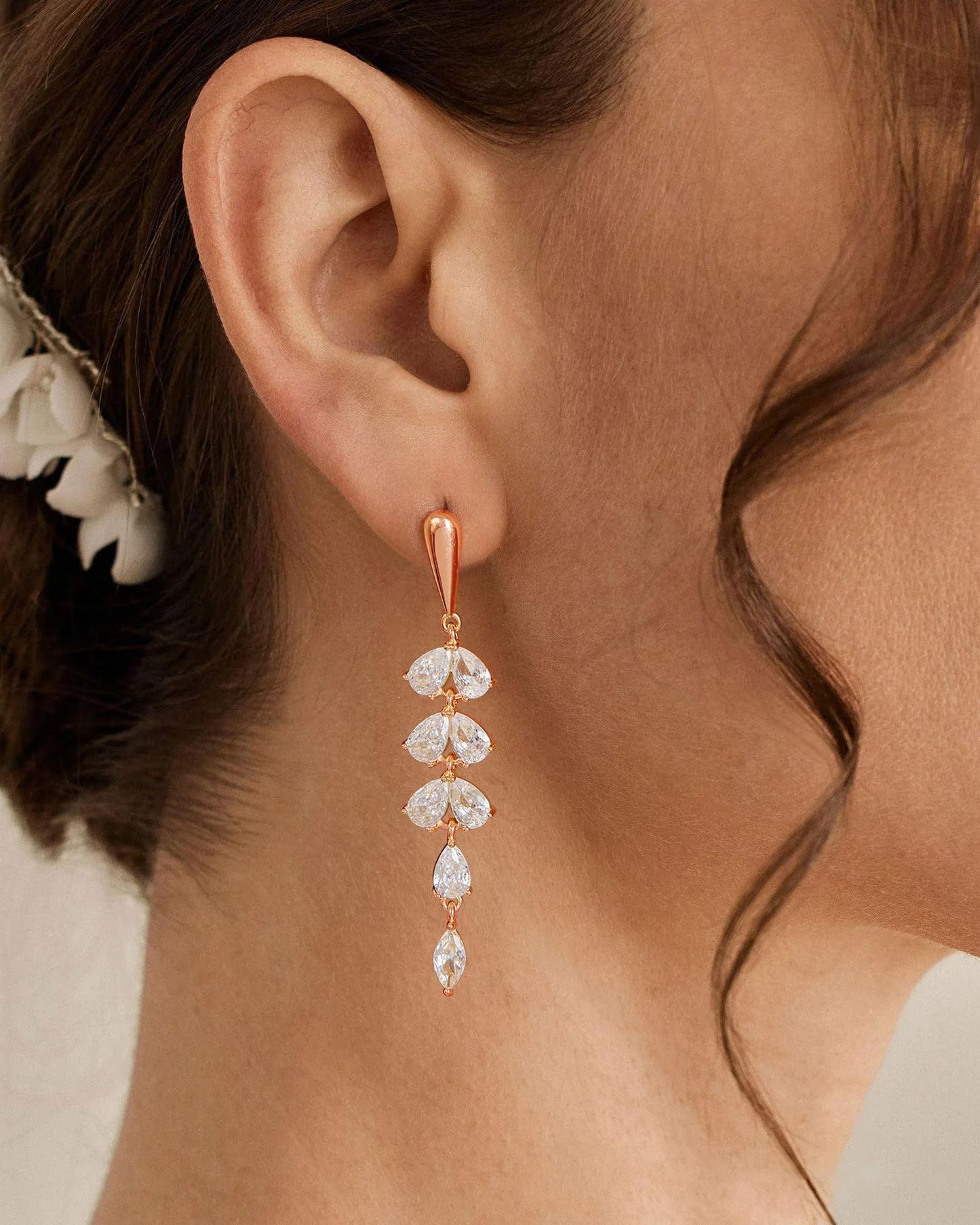 PRTGL Dangle Earrings for Women - 14K Rose Gold Plated Cubic Zirconia CZ Dangle Wedding Earrings for Women Bridal Bridesmaid