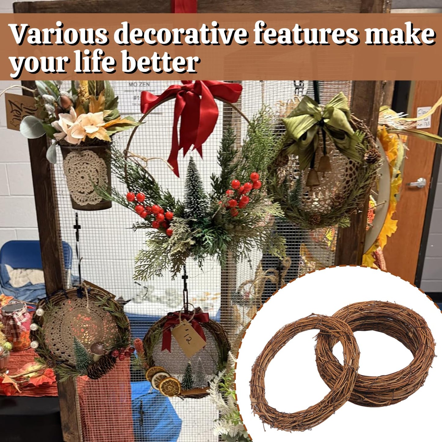 Yiksonyo 12 Pcs 8 Inch Natural Grapevine Wreath Set, Natural Rattan Wreath,Hand-Woven 8 Inch Vine Branch Wreaths, Perfect for DIY Crafts, Christmas Decorations, and Wedding Supplies