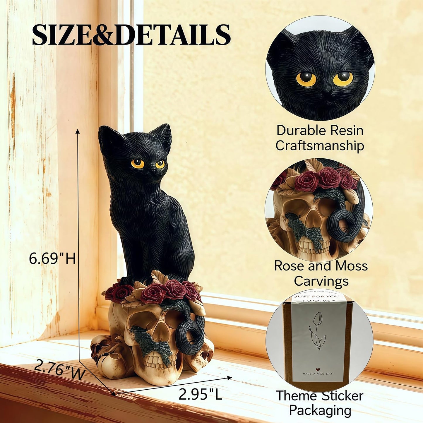 Black Cat Skull Statue, Gothic Resin Sculpture for Home Decor, Spooky Occult Witchy Dark Academia Collectible, Spring Gift for Cat Lovers Goth Collectors Men Women, Birthday Anniversary Housewarming