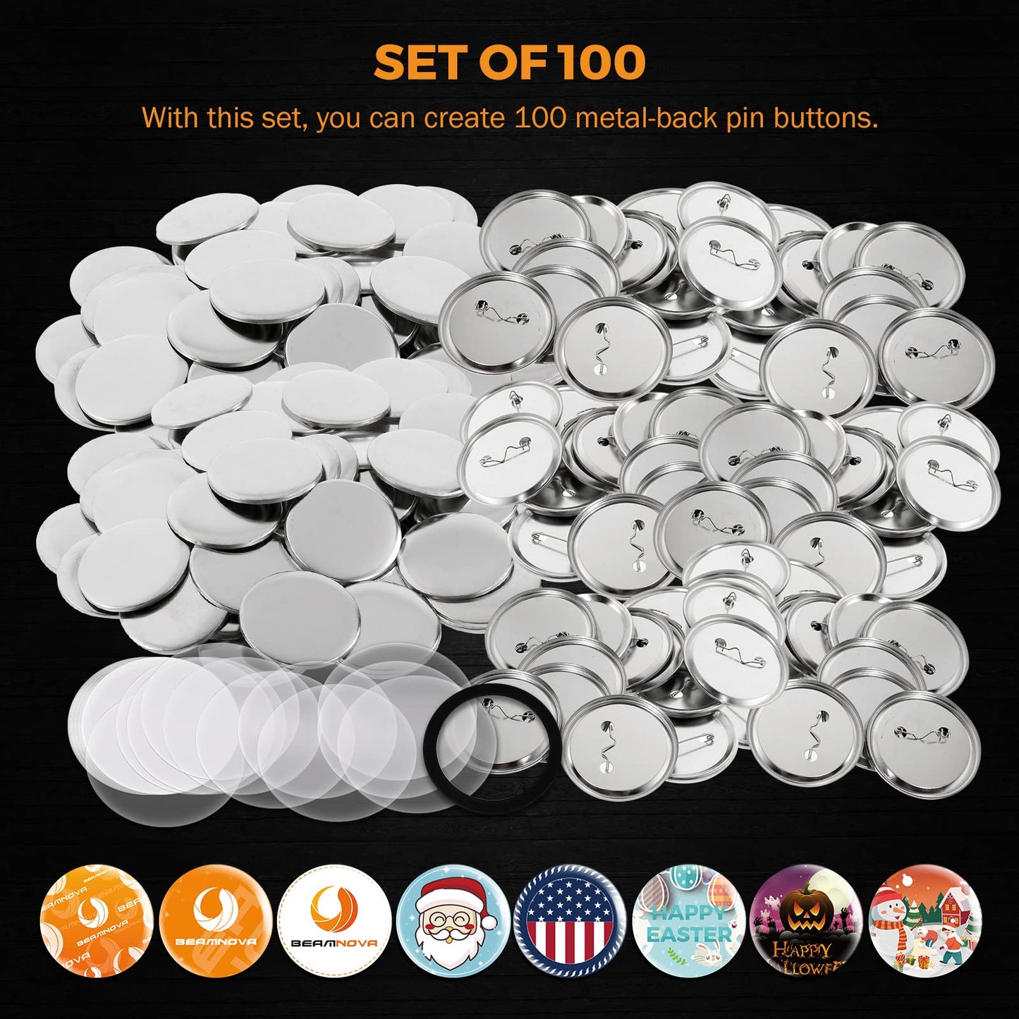 BEAMNOVA 100 Sets of Metal Button Supplies Blank 37mm / 1.46 in (Approx. 1-1/2 inch) for Button Maker Machine, Slick Metallic Back, Badge Making Parts Round DIY Pin Maker