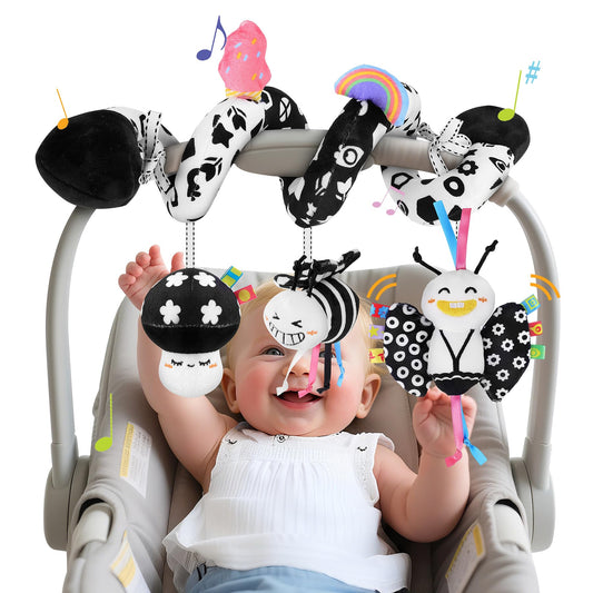Zendstanding Spiral Car Seat Toys for Babies, 0-6 Months Stroller Pram Activity Hanging Toys High Contrast Black and White Sensory Toy, Newborn Soft Plush Travel Toy for Newborn Boys Girls Gift