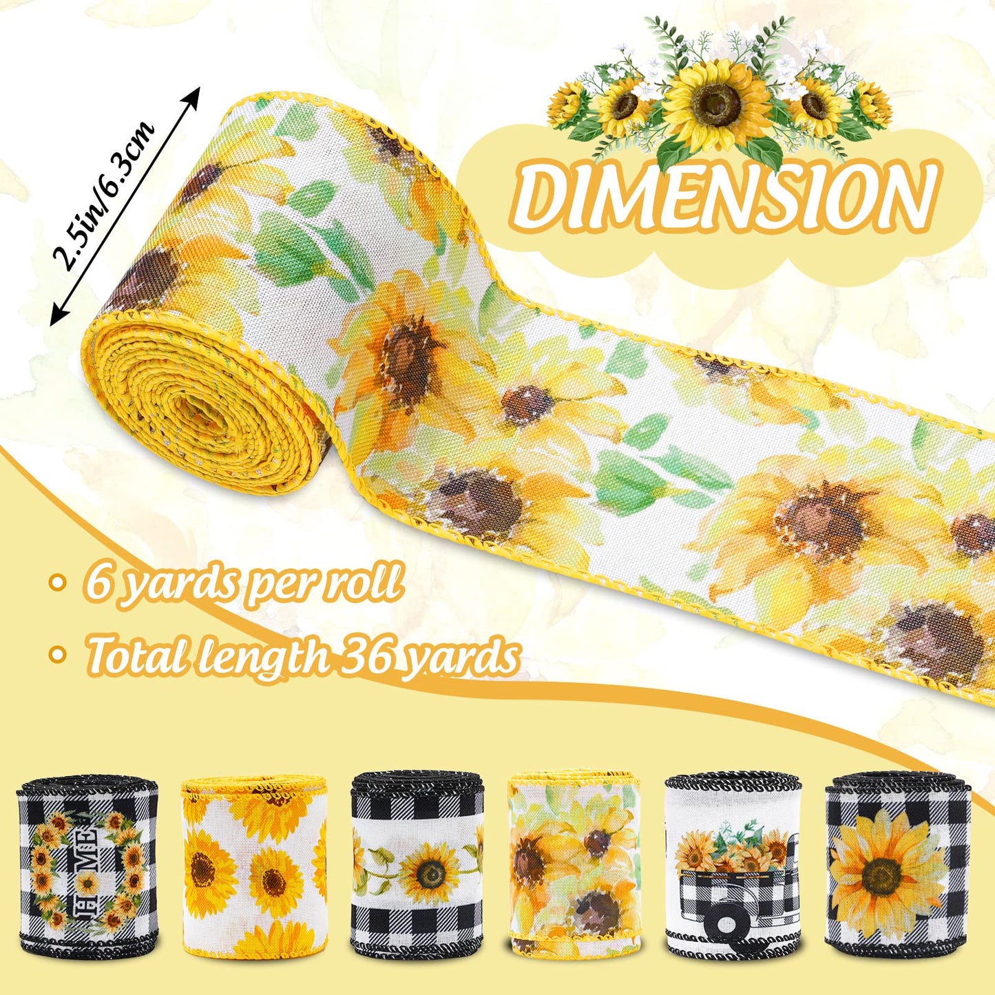 Whaline 36 Yard Sunflower Wired Edge Ribbon 6 Roll 2.5 Inch Buffalo Plaids Flower Fabric Ribbon Spring Summer Floral Decorative Craft Ribbon for Gift Wrapping Decor Hair Bow Sewing Wreath Crafts