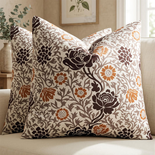 GIGIZAZA Floral Velvet Pillow Covers - 18x18 Throw Pillows Vintage Brown Covers Decorative Couch Pillow Covers for Bed Living Room Textured Accent Soft William Morris Cushions Cases