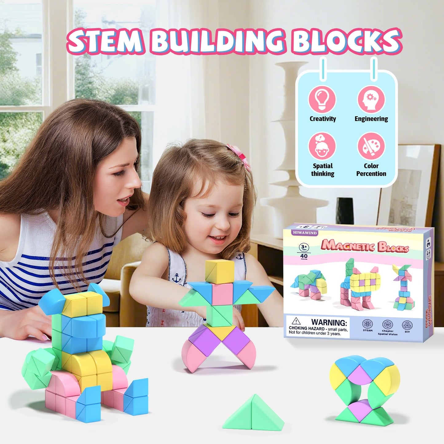 Hiwawind 40Pcs Magnetic Blocks, 1-Inch Soft Rainbow Magnetic Cubes (Triangles & Quarter Circles), Montessori Sensory Autism Toys for Boys & Girls, for Kids Ages 3+
