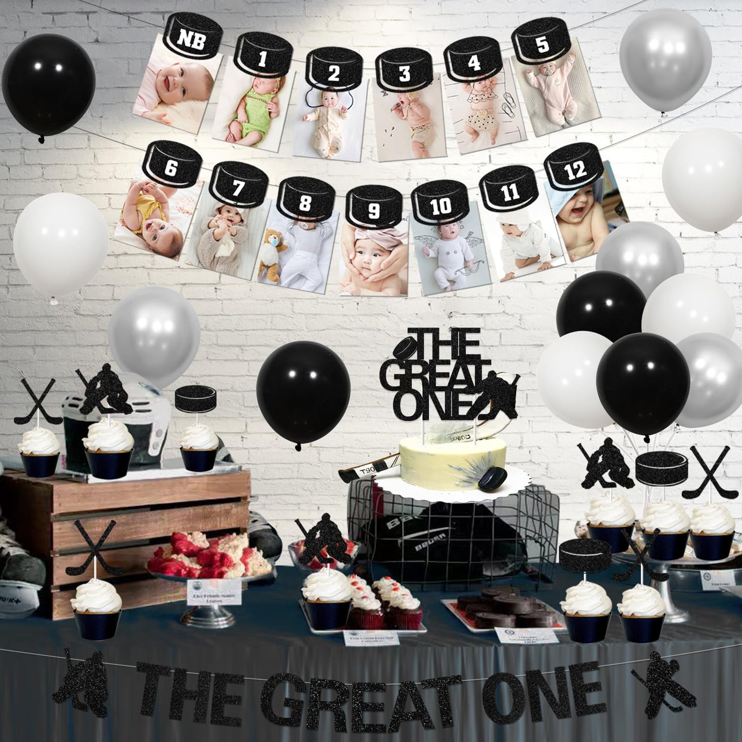 Hockey 1st Birthday Decorations Boys - 1st Birthday Baby Photo Banner for Newborn to 12 Months, The Great One Banner Cake Topper with Cupcake Toppers, Ice Hockey Theme Gameday Sport Party Supplies