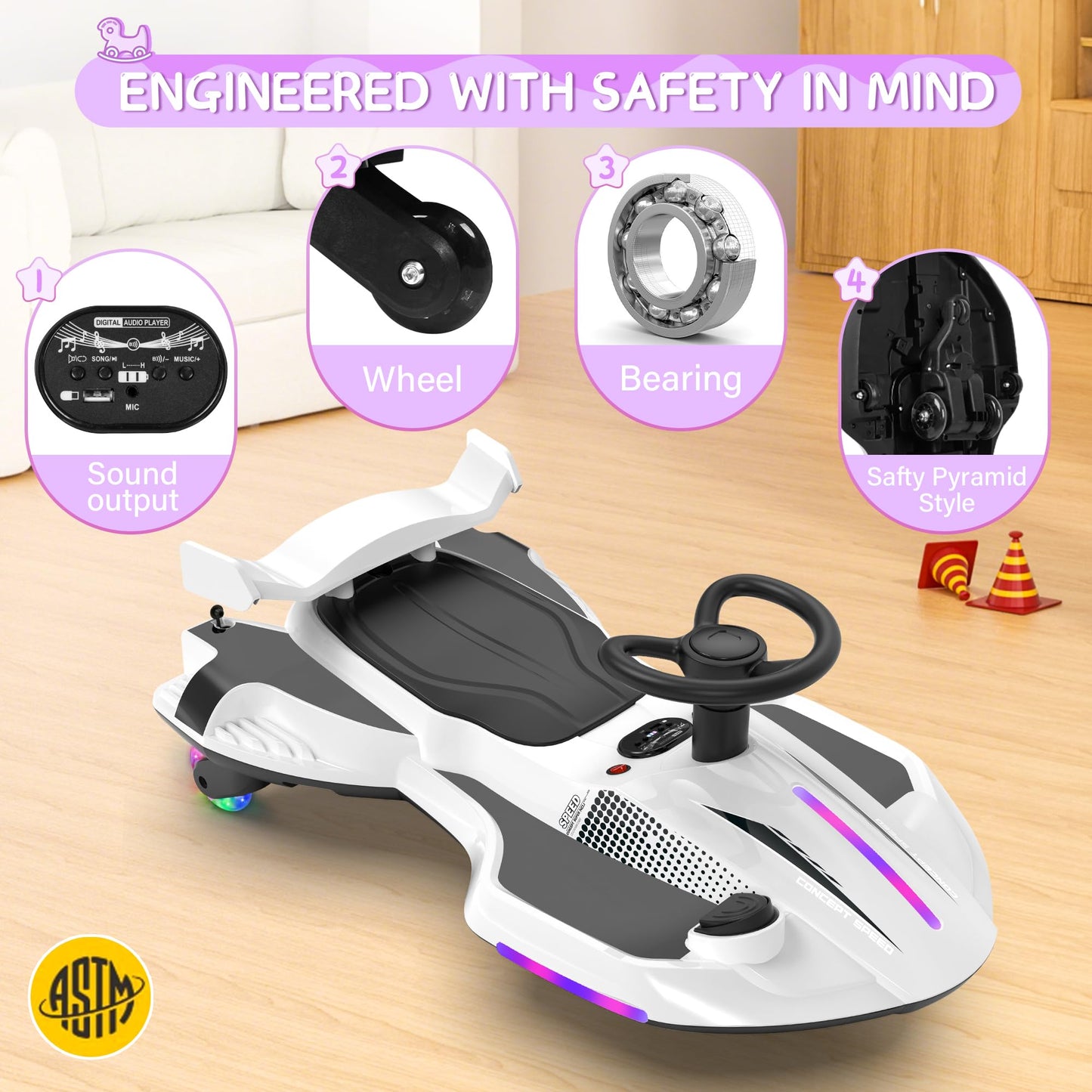 12V Electric Wiggle Car with Pedal for Kids, Rechargeable 2 in 1 Swing Car, Drifting Ride On Toys with Backrest, Anti-Rollover, Spray, Flashing Light, Music, for Ages 3 and Up (White)