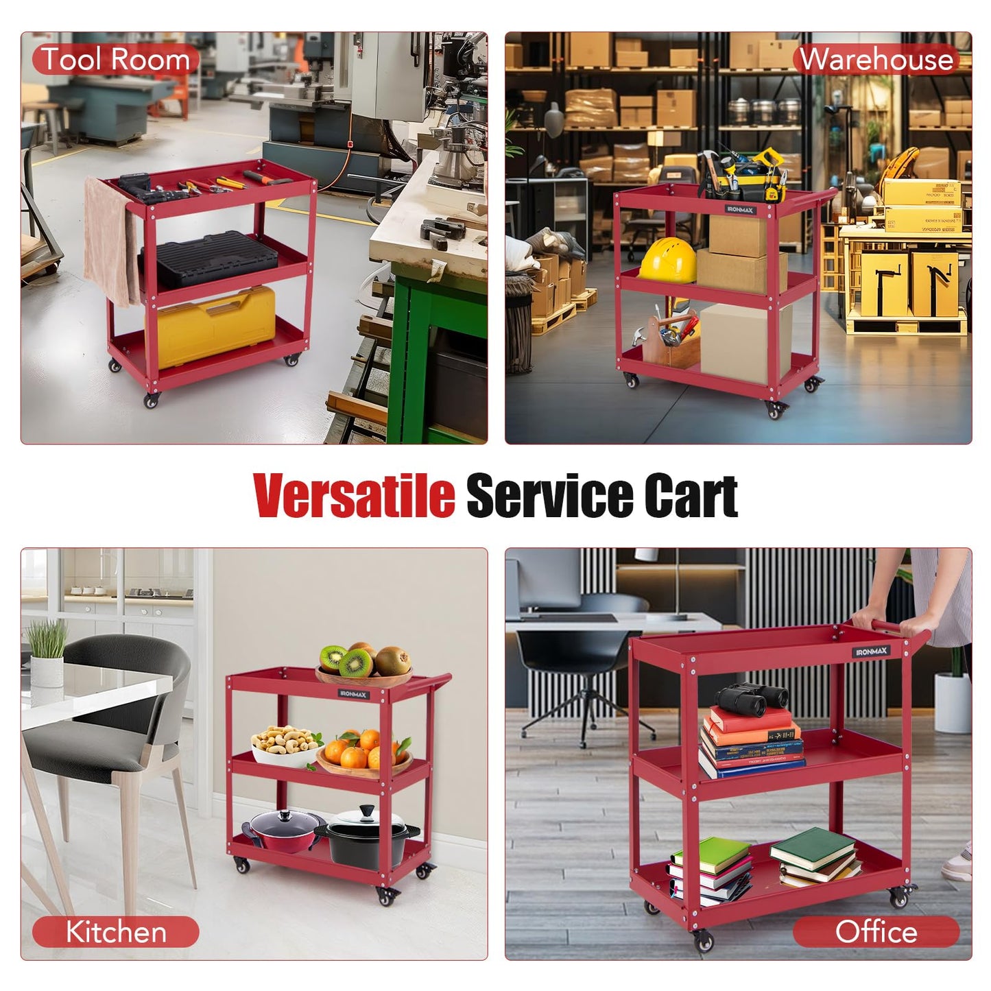 Goplus 3-Tier Utility Cart, Heavy Duty Commercial Service Tool Cart w/3 Spacious Shelves, 4 Universal Wheels with 2 Brakes, Rolling Mechanic Tool Cart Storage Organizer for Warehouse Garage