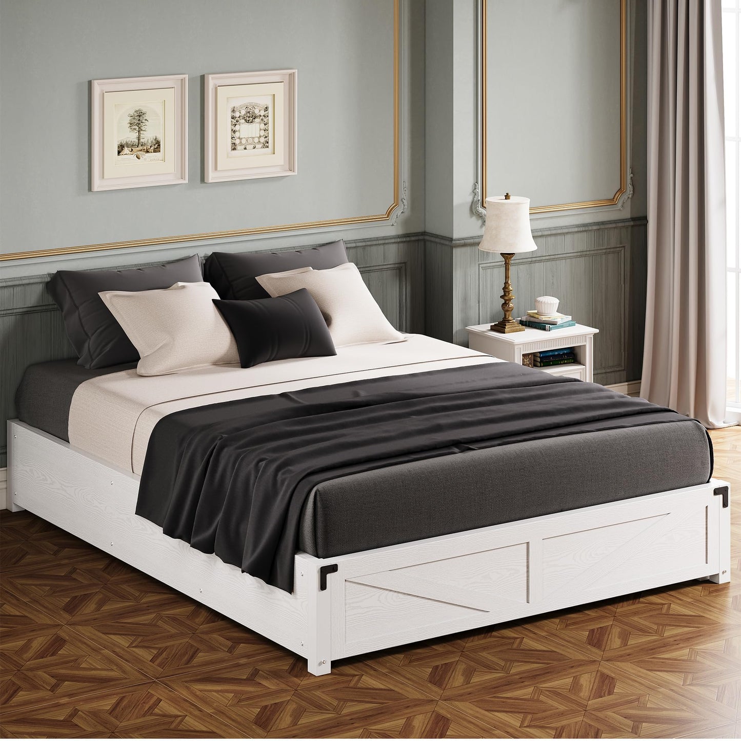 LIKIMIO Platform Queen Size Bed Frame, Farmhouse Bed Frames with Lift Up Storage, Wooden Slats, Sturdy and No Noise, Easy Assembly, White