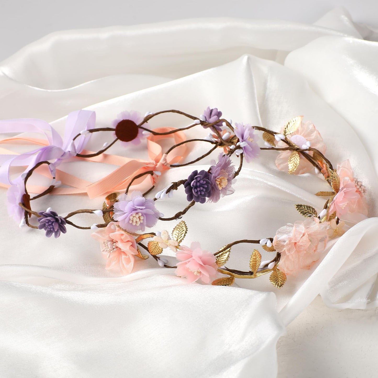 KorViSHOW Pink Flower Crown Headband - Floral Headband for Women Floral Girl Headpiece Fairy Flower Renaissance Hair Accessory for Girls Women Birthday Wedding Party Photo Props