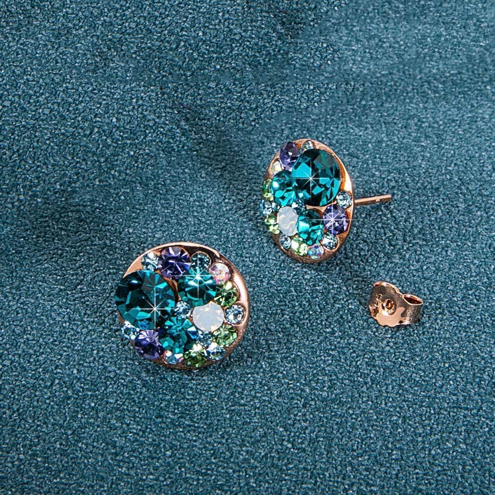 Multicolored Austrian Crystal Rhinestone Stud Earrings for Women Fashion S925 Sterling Silver Hypoallergenic Jewelry (Blue Green Crystals/Rose Gold-tone)
