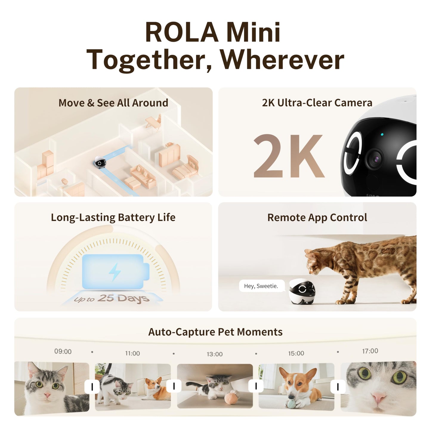 Enabot EBO ROLA Mini FamilyBot 2K Pet Camera Robot: Movable Indoor Camera Battery-Powered with Phone App, One-Touch Call, 2-Way Talk, Night Vision, Motion Detection, Video Recording