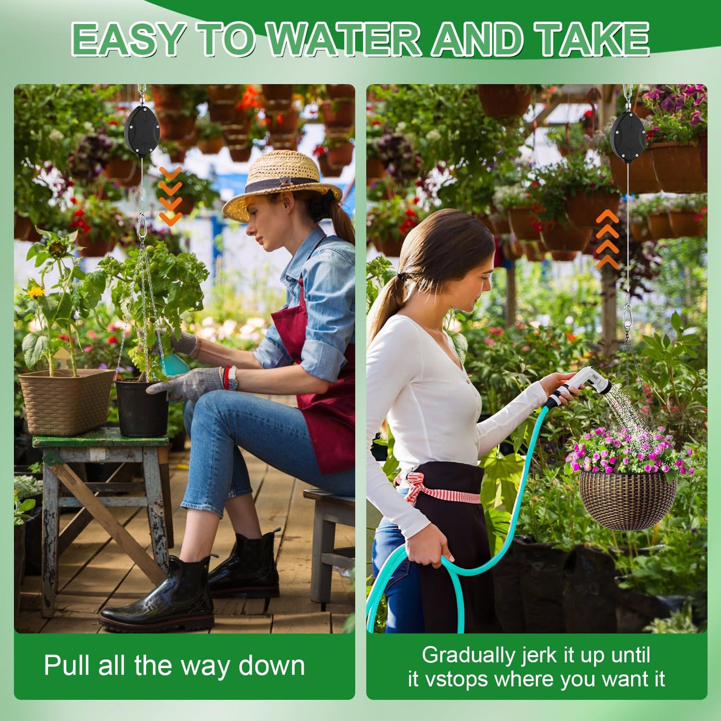 4 Pack Heavy Duty Retractable Plant Hangers, Adjustable Pull-Down Pulleys with 63" Stainless Steel Rope, Double Hooks for Hanging Plants, Bird Feeders, Planters & Pots, Indoor & Outdoor Use