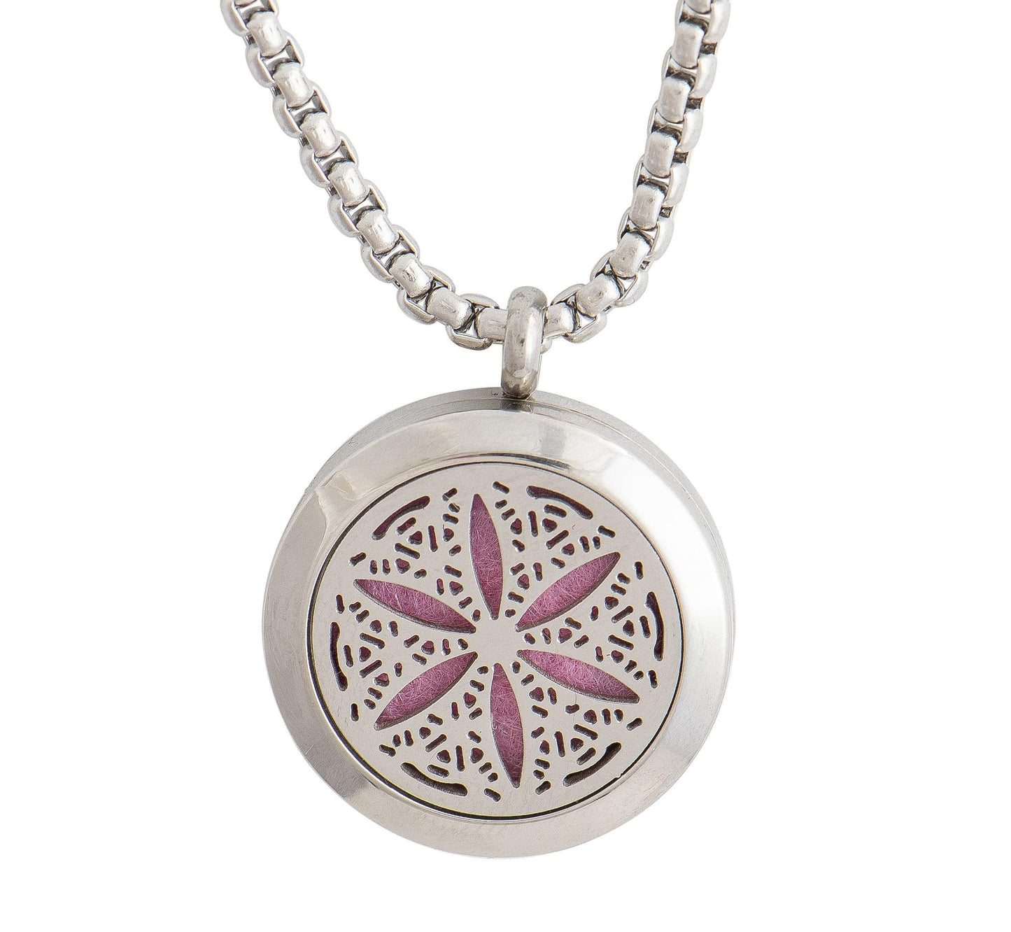 Wild Essentials Flower of Life Essential Oil Diffuser Necklace, Stainless Steel Locket Pendant with 24 inch Chain, 12 Color Refill Pads, Customizable Color Changing Perfume Jewelry for Aromatherapy