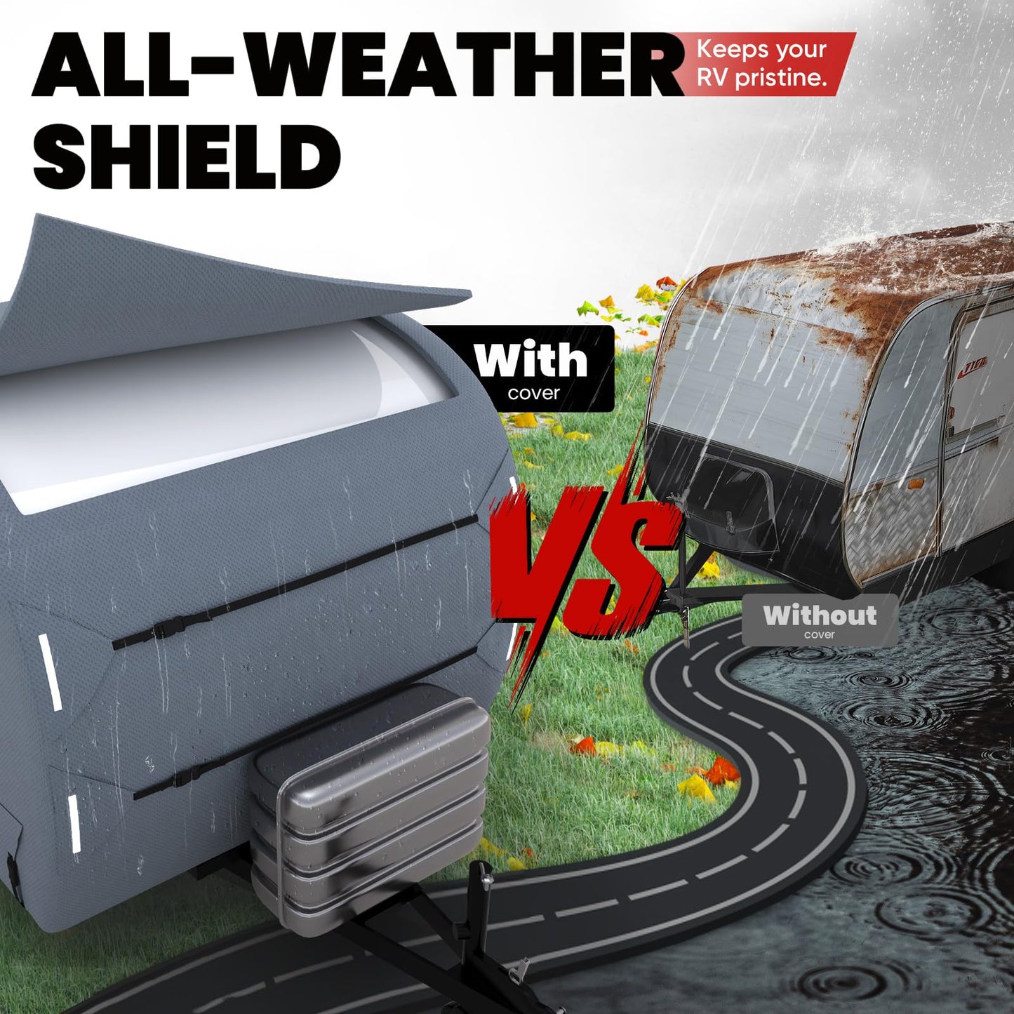 KING BIRD Heavy Duty Teardrop Travel Trailer Cover Fits 10'-12' Trailers, 5 Layers Top Waterproof Camper Cover with Windproof Strap for R-Pod Trailers, Clamshell Trailers