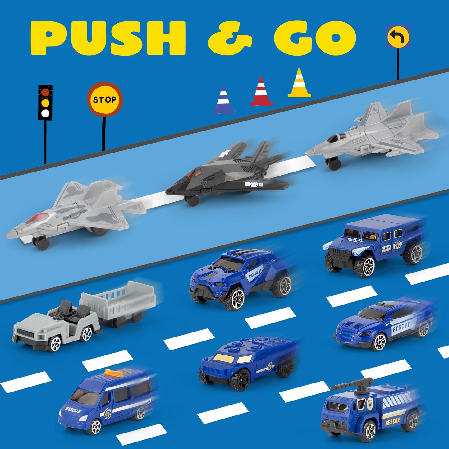 XDUOYJOY Police Helicopter Toy Playset with Vehicles, Fighter Jets, Airplane, SWAT Truck and Roadblocks, Police Rescue Patrol Car Toy for Kids Imaginative Pretend Play