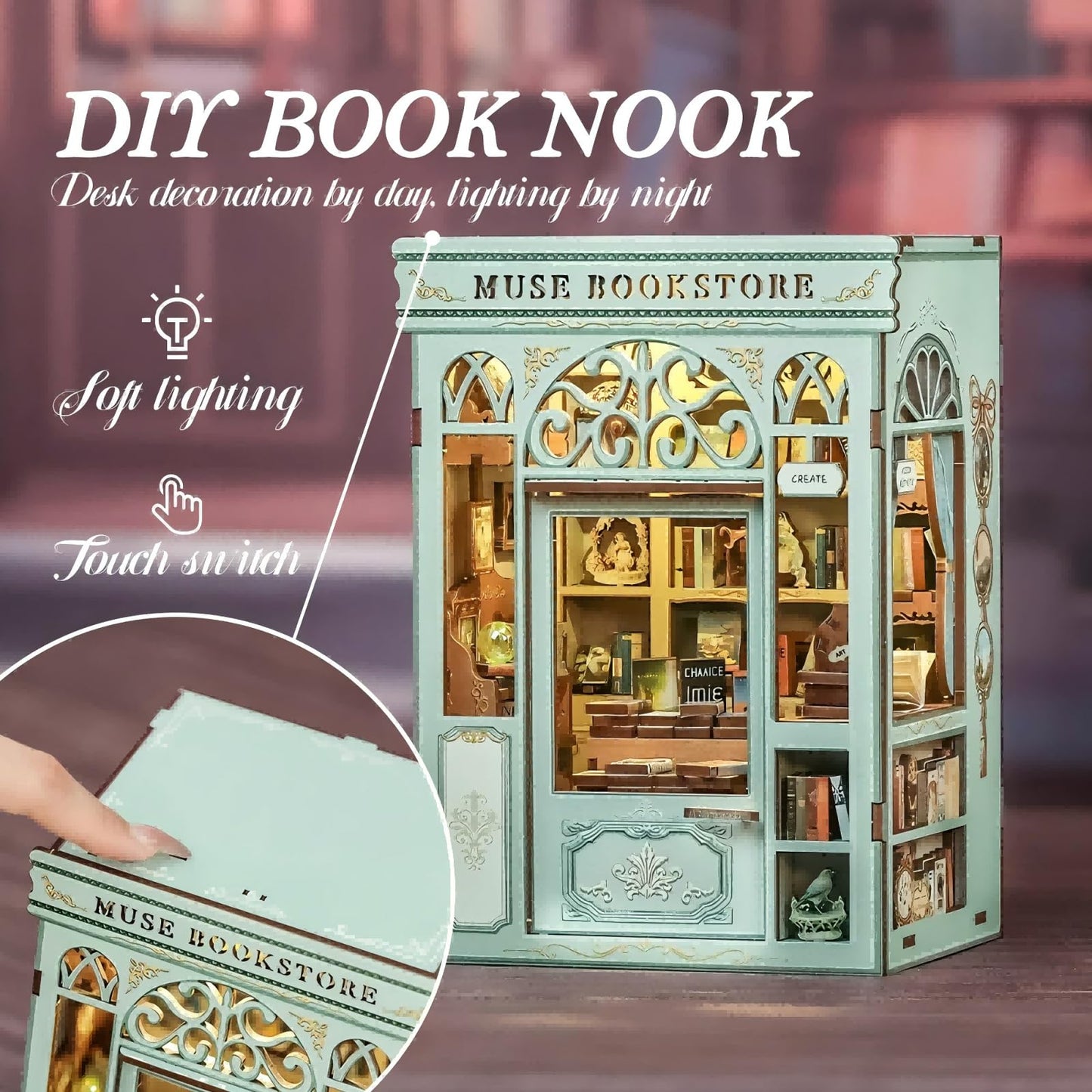 Fsolis Book Nook Kit - DIY Miniature House Kit Bookshelf 3D Wooden Puzzles for Adults Beginners Tiny House Mini Booknook Bookshop Gifts for Women Book Lovers (Muse Bookstore)