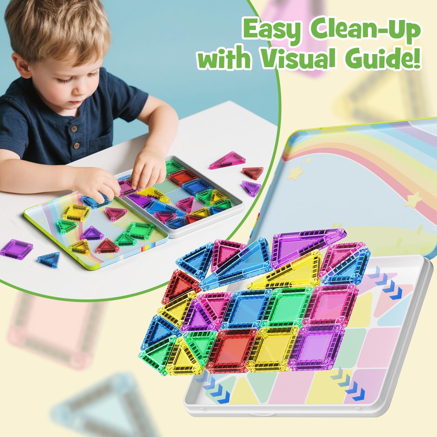 JSDKFJSA Magnetic Tiles Travel Toys for Kids 4-8, 42PCS Candy Color STEM Building Blocks with Visual Storage Guide & Metal Case, Airplane Activities & Toddler Travel Essentials Ages 3-5