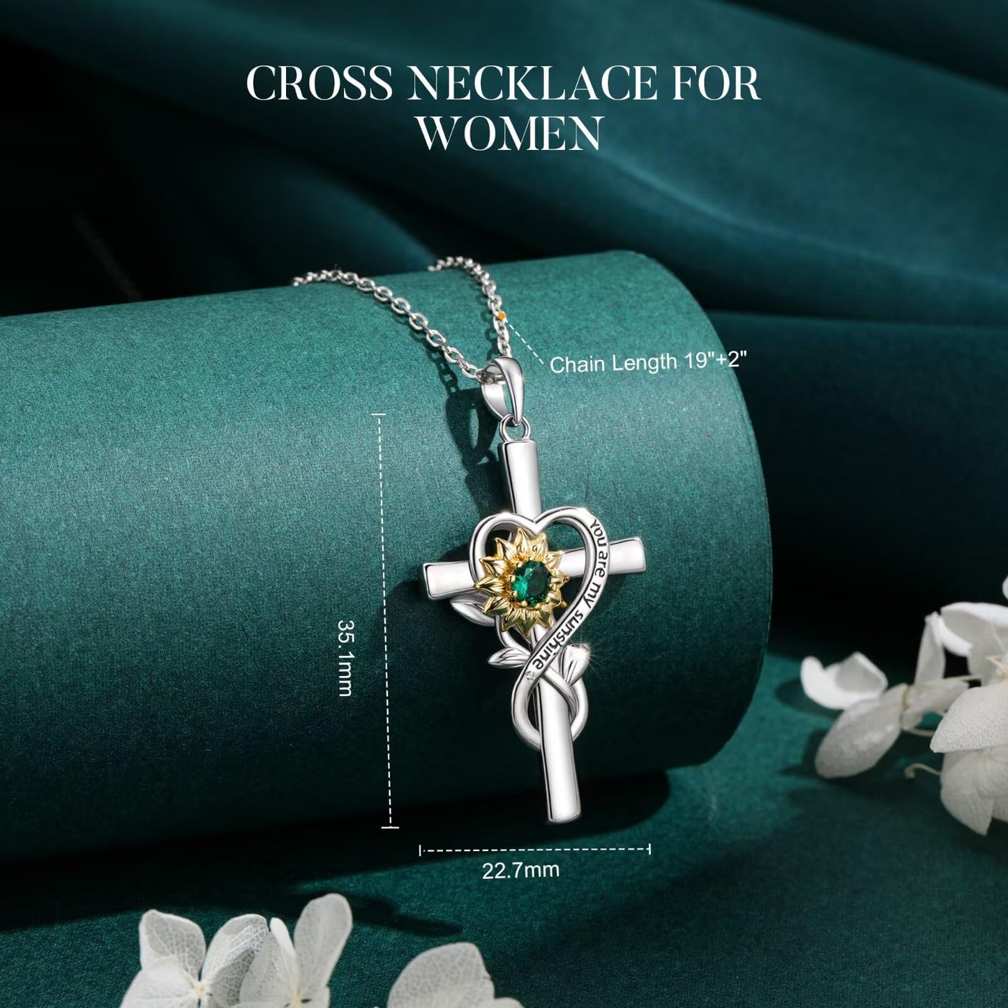 Iefil Cross Necklace for Women - Simulated Aquamarine Jewelry, March Birthstone Necklace | Anniversary Birthday Gifts, Sunflower Gifts for Wife Women Mom