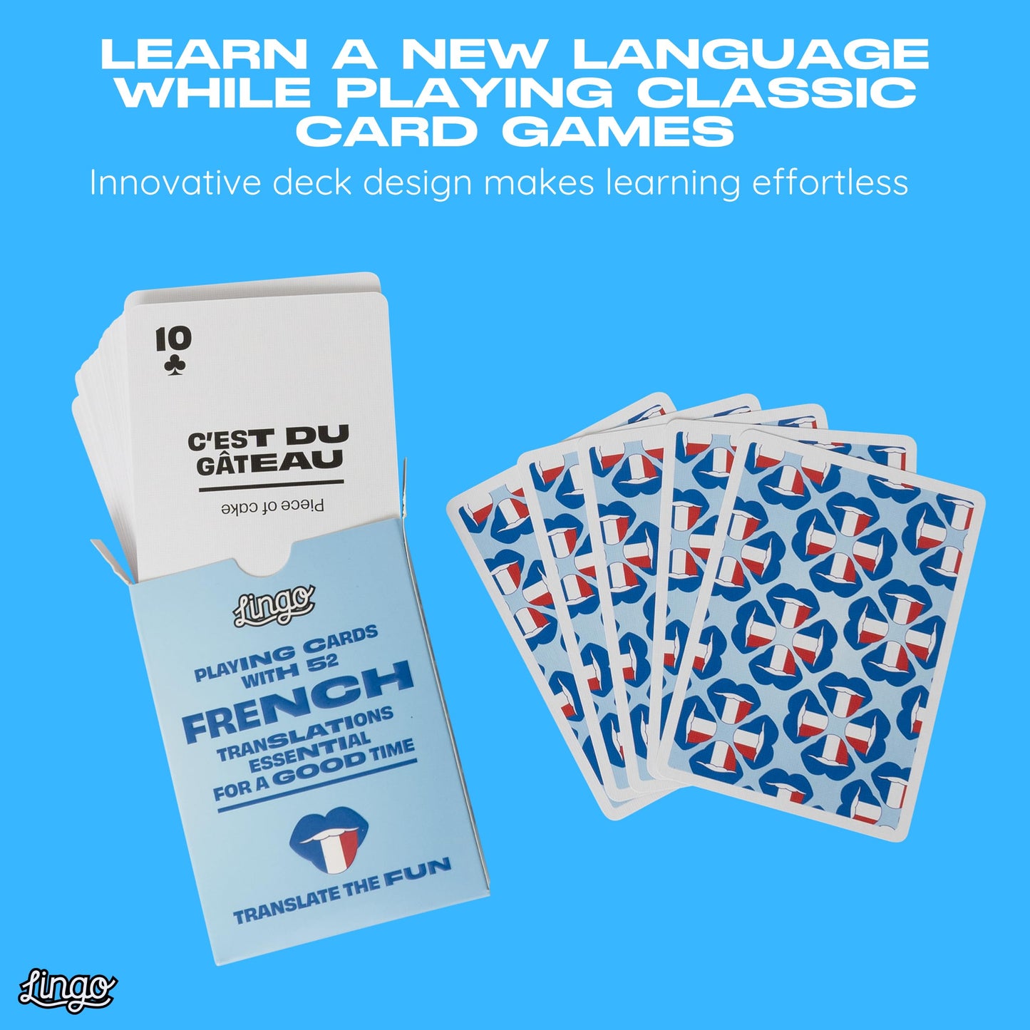 Lingo French Playing Cards in Wayfarer Tin Box | Travel Flashcards | Learn French Vocabulary in A Fun & Easy Way | 52 Essential Translations
