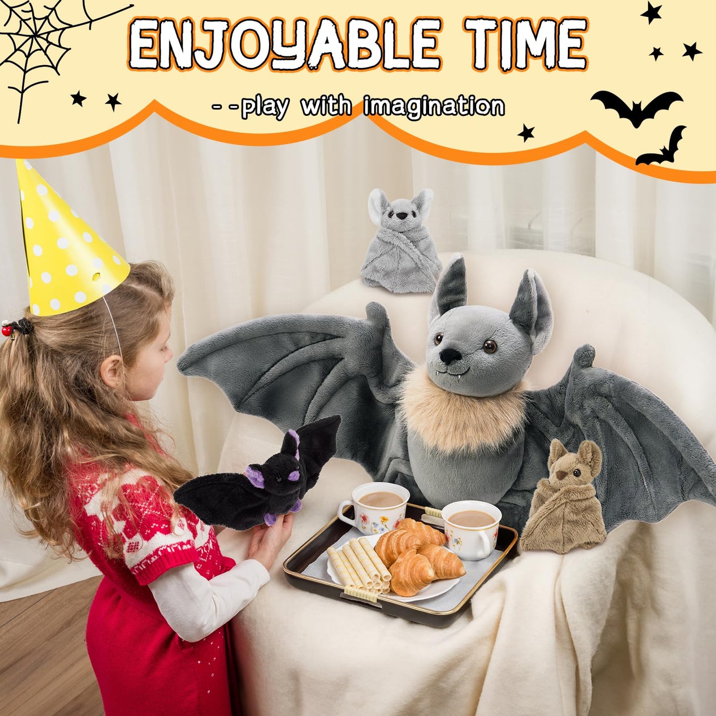 Tezituor 4Pcs Realistic Bat Stuffed Animals Set, 32inch Large Mommy Stuffed Bat with 3 Cute Babies for Boys Girls, Hugging Soft Bats Plushies Toy Gift for Halloween Party Decoration