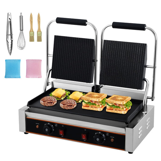 MilleLoom Commercial Panini Press Grill with 19"x 9" Grooved Top and Smooth Bottom Plates for Burgers Steaks Panini, Countertop Electric Sandwich Maker with Adjustable Temp Control, 110V/220V, 3600W