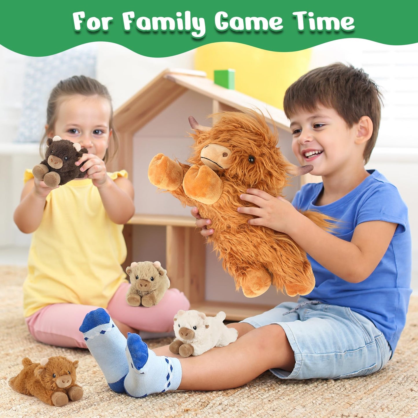 5PC Highland Cow Stuffed Animals with Babies Inside, 1 Mommy Highland Cow Plush & 4 Surprise Babies, Cute Plush Toy for Kid Boys Girls Ages 3 4 5 6 7 8, Gift Ideal for Christmas, Valentine's, Birthday