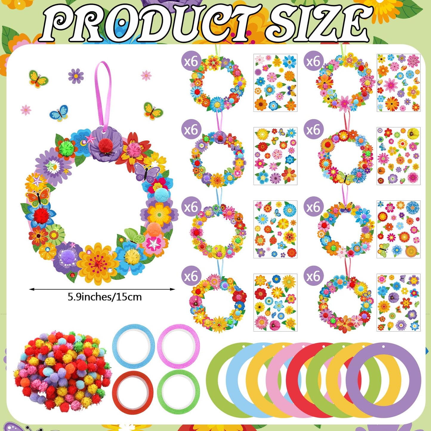 Hollowfly 48 Sets Flower Wreath Craft Kits DIY Summer Hanging Ornaments Decoration Make Your Own Floral Paper Craft with Stickers for Spring Summer Party Favors Seasonal Activities Supplies