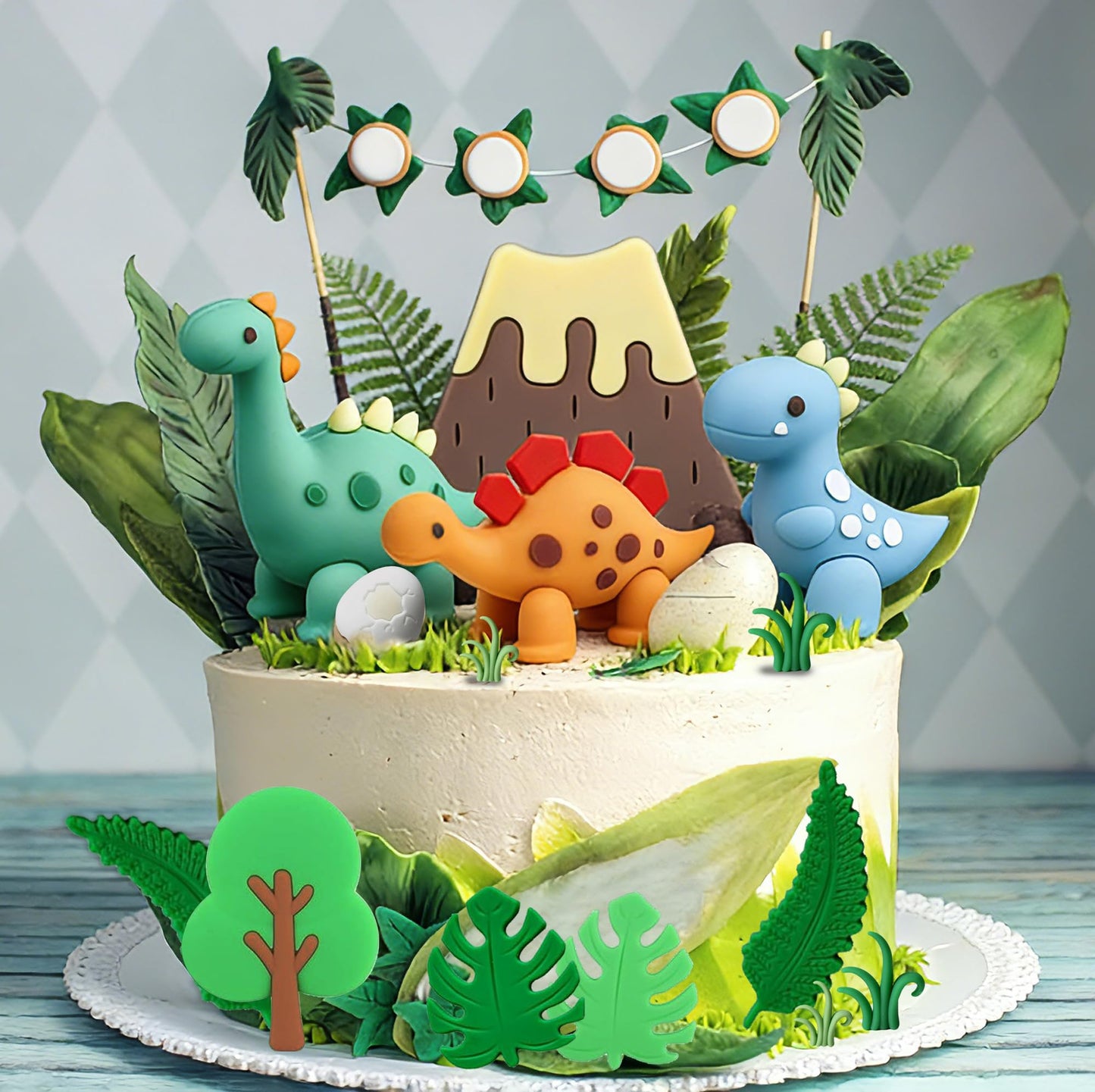Simpfo-27 PCS Dinosaur Cake Topper, Birthday Decorations Set with Dinosaur Eggs, Jungle Leaves - Reusable Dinosaur Cake Decorations for Kids, Dino Theme Party Supplies for Boys Girls Toddler（Simpfo）