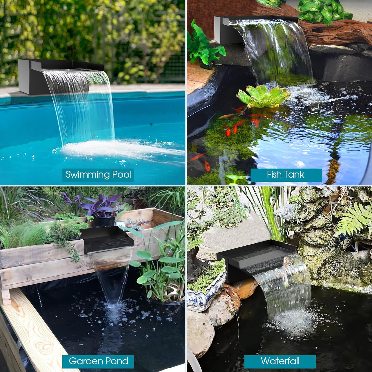 POPOSOAP Pond Waterfall Spillway with Pump Kit, 304 Stainless Steel Pond Waterfall Box, Pond Spillway with 9.8FT Corrugated Tubing for Garden Waterfall Water Features-8Inch-P42