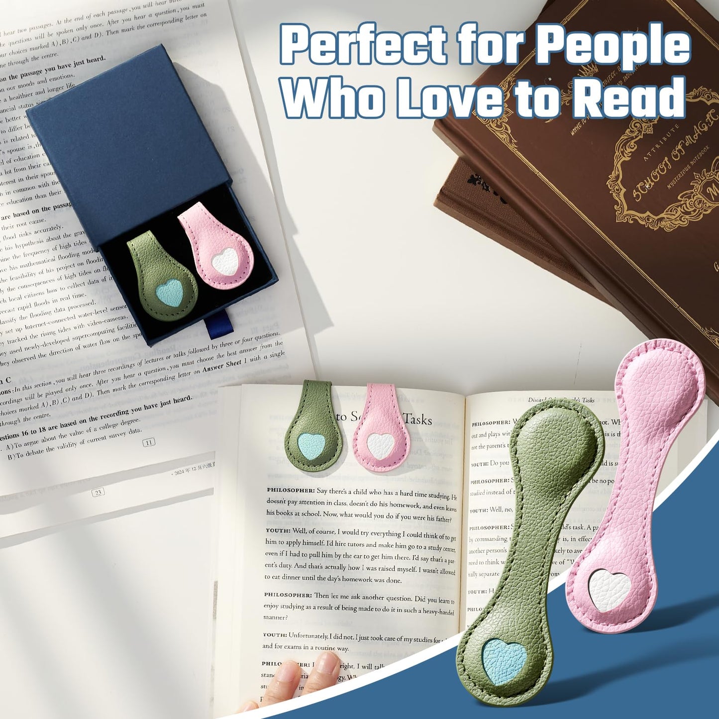2Pcs Magnetic Leather Bookmarks with Gift Box Magnetic Pen Holder Book Marks Clip Gift for Book Lover Readers Men Women Teachers Students, Heart (Pink+Green)
