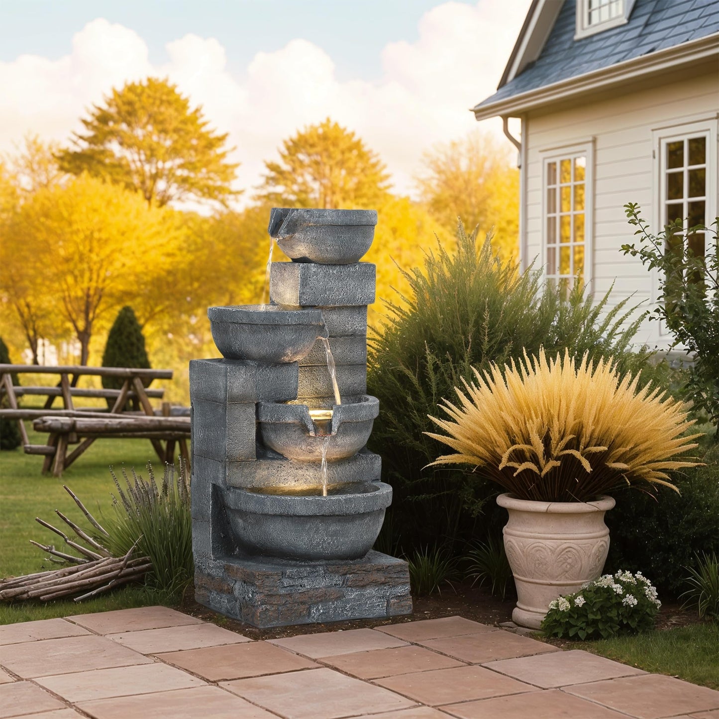 Outsunny 30" Tall Outdoor Waterfall Fountain with LED Lights, 4-Tier Resin Cascading Water Bowls with Pump, Gray