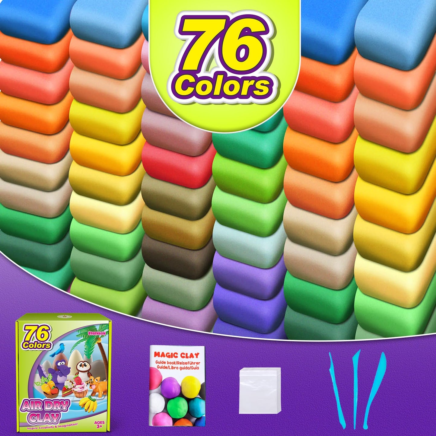 ESSENSON Air Dry Clay 76 Colors, Modeling Clay for Kids, DIY Molding Magic Clay for with Tools, Toys Gifts for Age 3 4 5 6 7 8+ Years Old Boys Girls Kids