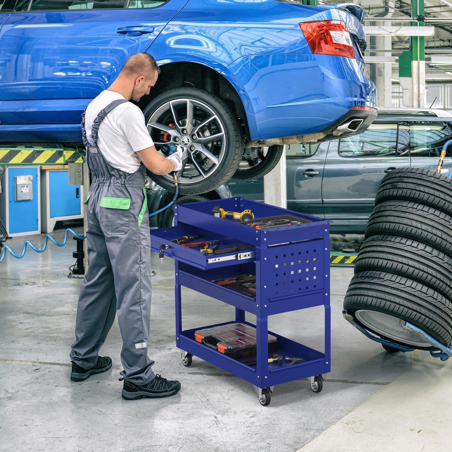 Cobinery 3 Tier Rolling Tool Cart on Wheels, 550 LBS Tool Cart with Drawers，Heavy Duty Utility Cart with Pegboard and Hook，Mechanic Tool Storage Cart for Garage, Warehouse and Repair Shop(Dark Blue)