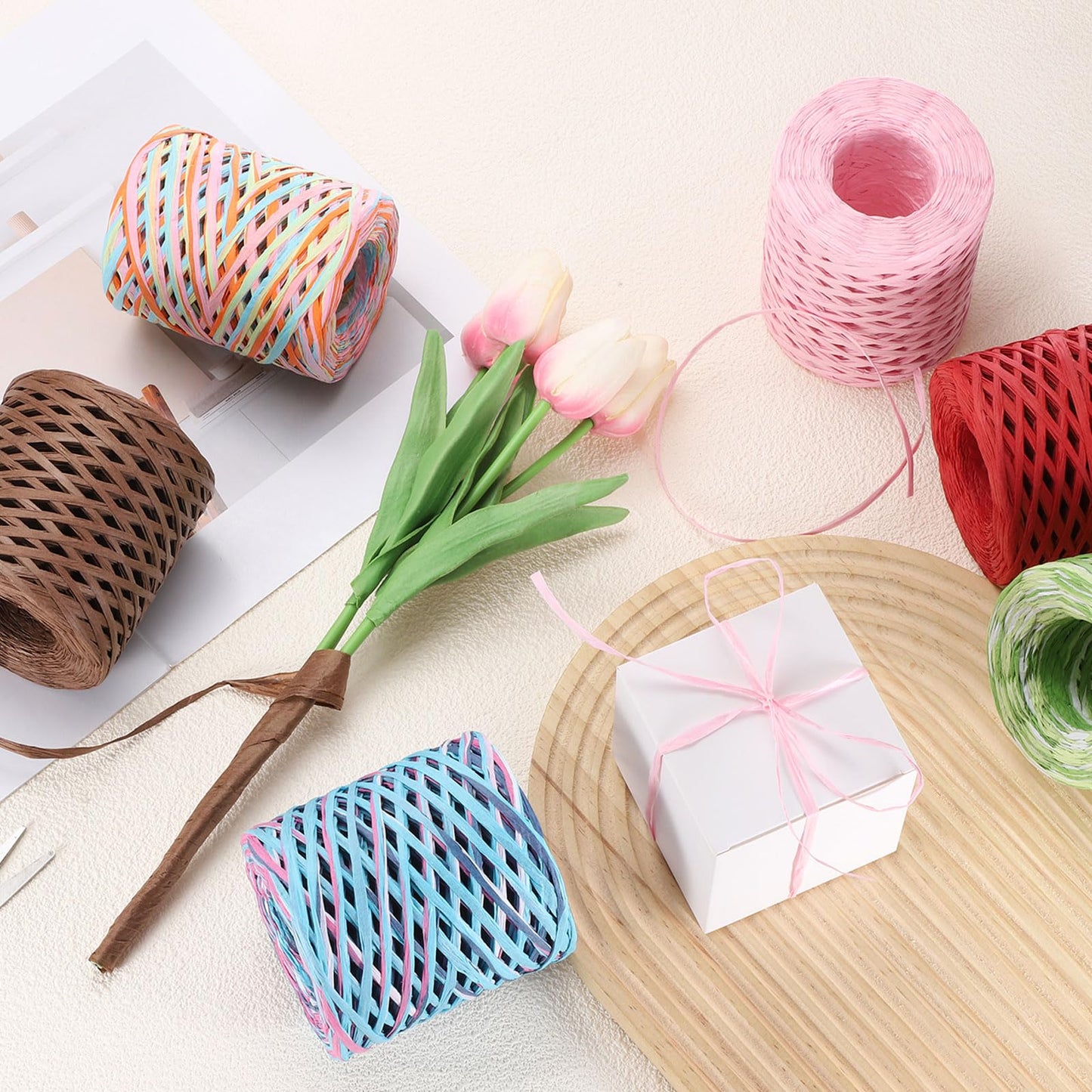 MECCANIXITY Gray Raffia Ribbon, 219 Yard Natural Raffia Paper String 4mm Wide Packing Paper Twine Rope for Gift Wrapping DIY Crafts Crocheting Knitting Holiday Decoration