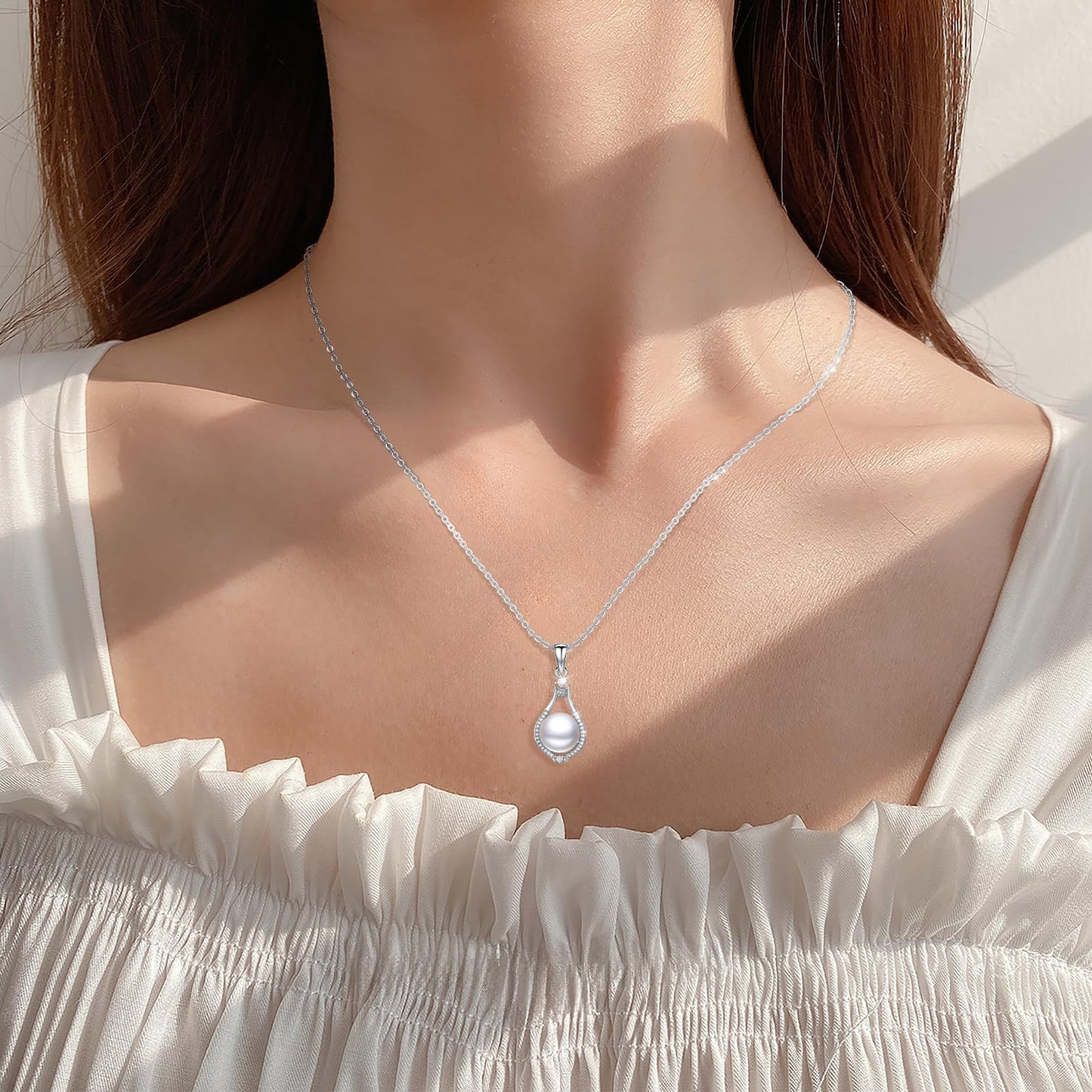 12 mm Sunflower Pearl Necklace 925 Sterling Silver Jewelry 5A Cubic Zirconia Pendant Necklace Gifts for Mom Women Girlfriend Grandma Lover Her Wedding Birthday Anniversary Engagement Valentine's Day