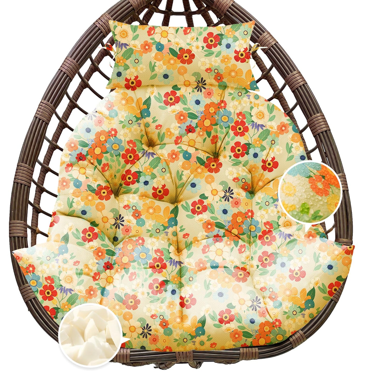 Tycdiose Outdoor Hanging Egg Chair Cushion Replacement, Thicken Egg Chair Cushion Waterproof Basket Eggs Chairs Cushion with Headrest Pillow, U-Shaped Cushions for Hanging Eggs Chairs Swing (Daisy)