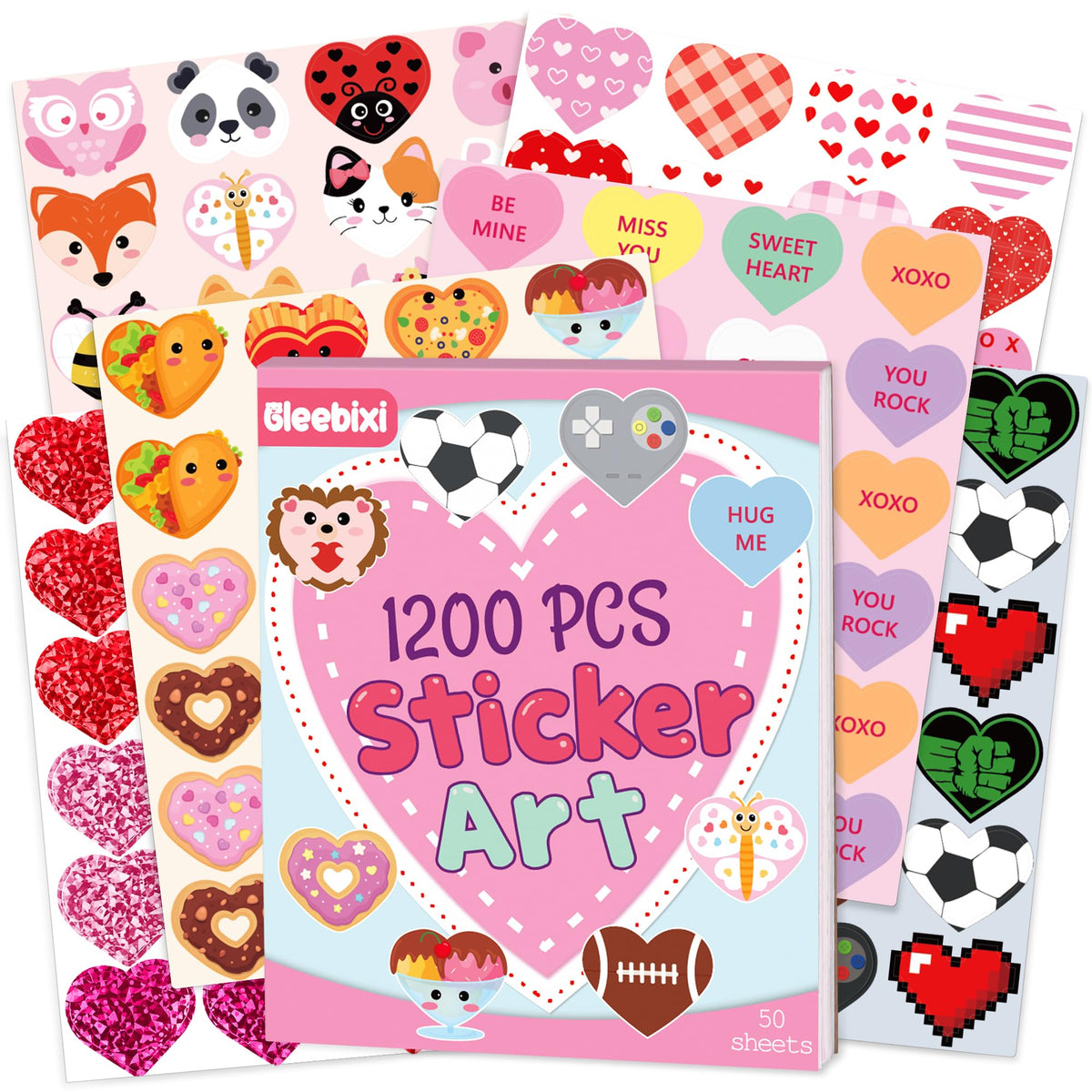 Gleebixi 1200pcs Valentines Heart Stickers for Kids, Valentine's Day Heart Stickers Book for Girls Boys Teens, 100th Day of School Project