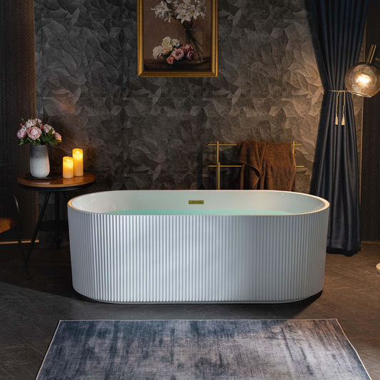 WOODBRIDGE 67" L x 31-1/2" W Freestanding Contemporary Soaking Bathtub,Unique Pleated Design,with Brushed Gold Pop-Up Drain Drain and Overflow Option, White,B1526-BG